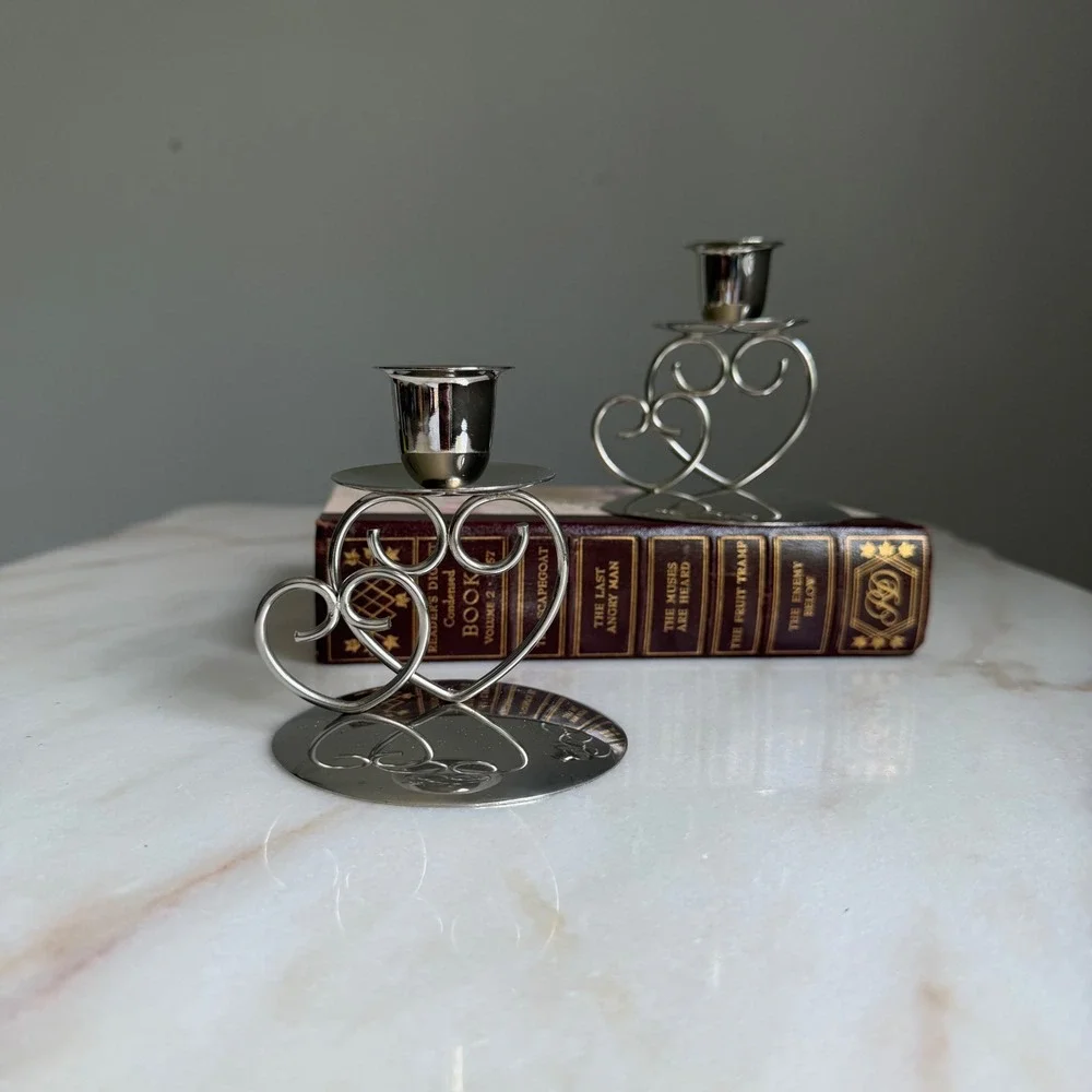 Vintage Silver Heart Taper Candle Holders Set of 2 Romantic‎ Wedding Decor 3.25